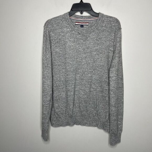 TOMMY HILFIGER Sweater Mens Large L Heather Gray Pullover 100% Cotton Crewneck - Picture 1 of 6